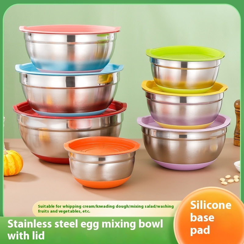 Silicone Base Stainless Steel Mixing Bowl - with non-slip silicone base and lid - Image 6