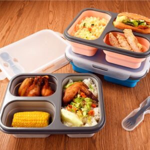Collapsible silicone lunch box expanded with meal, folds flat for portable storage.