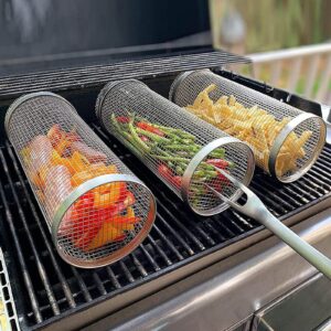 "Rolling BBQ mesh basket for grilling vegetables and meat