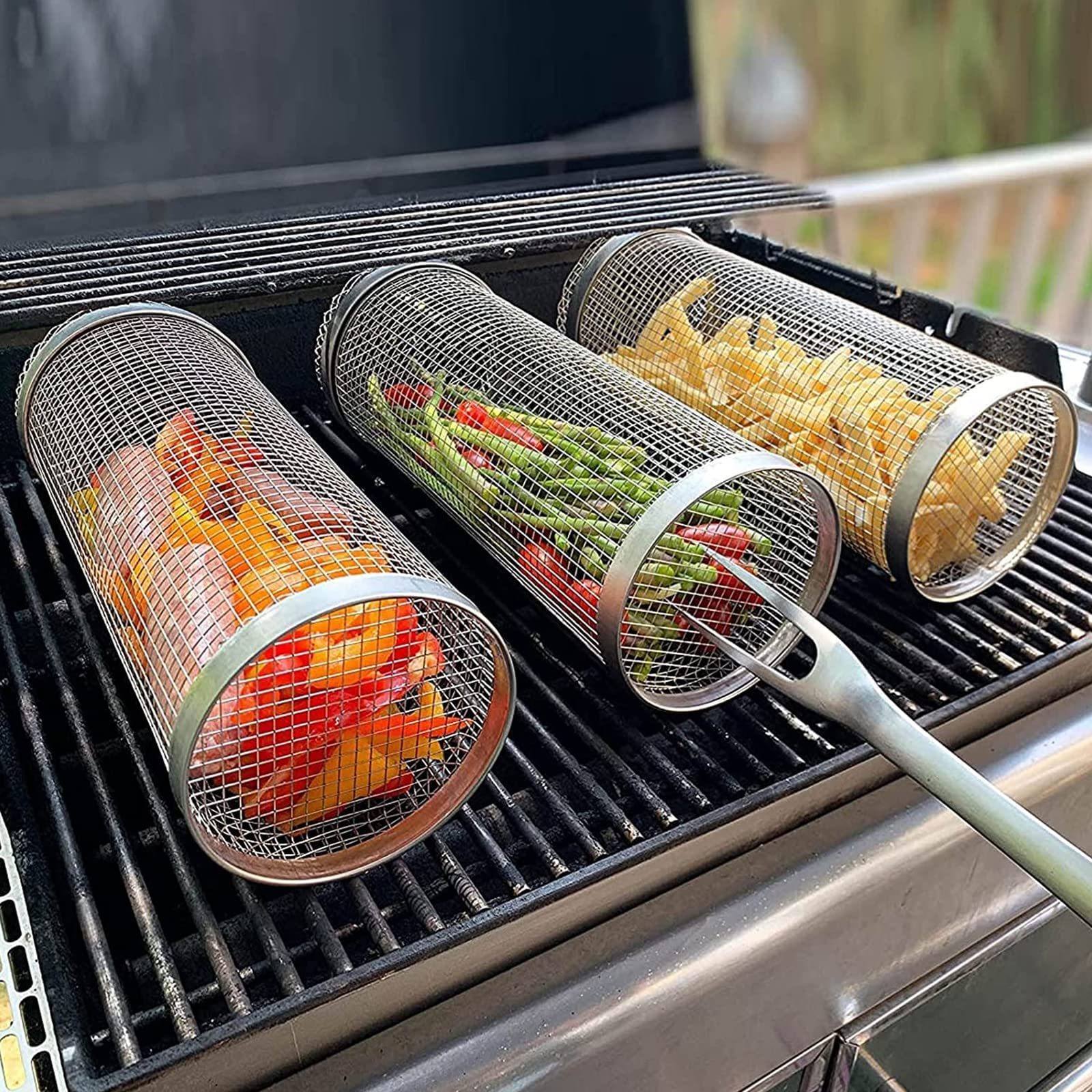 "Rolling BBQ mesh basket for grilling vegetables and meat