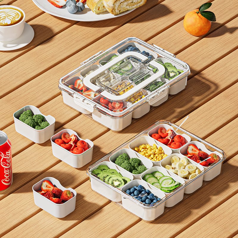 8-compartment serving tray with lid and retractable handle