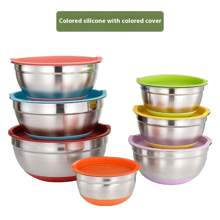 Silicone Base Stainless Steel Mixing Bowl - with non-slip silicone base and lid - Image 2
