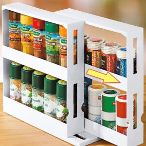 Rotating spice rack organizer on kitchen counter