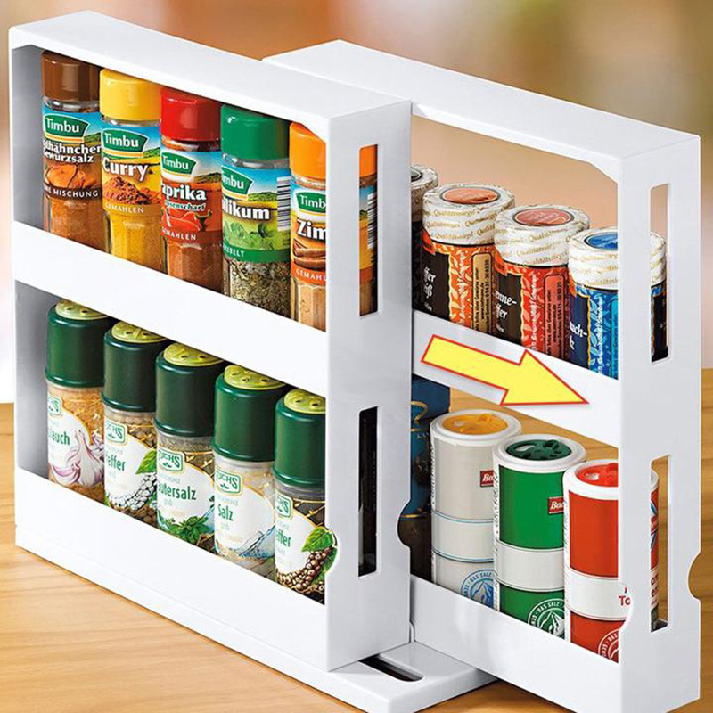 Rotating spice rack organizer on kitchen counter