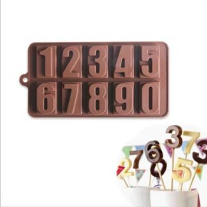 SpoonLogiQ brown silicone number chocolate mold for cakes, featuring flexible, deep 0 to 9 cavities ideal for baking and 3D cake toppers.