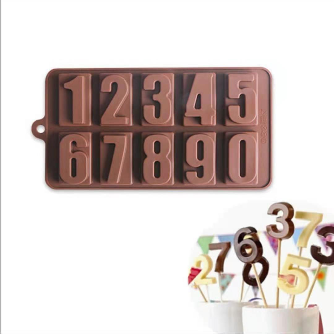 SpoonLogiQ brown silicone number chocolate mold for cakes, featuring flexible, deep 0 to 9 cavities ideal for baking and 3D cake toppers.