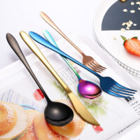 Stainless steel cutlery set 304 knife fork spoon with mirror-polished Korean style design in multiple colour variants.