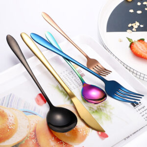 Stainless steel cutlery set 304 knife fork spoon with mirror-polished Korean style design in multiple colour variants.