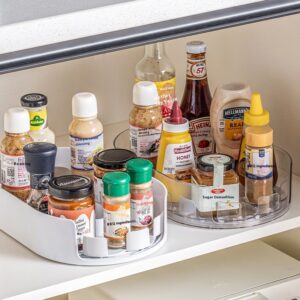 TextPlastic 360 degree rotation storage tray for refrigerator shelf holding seasoning bottles with raised edges and handles.