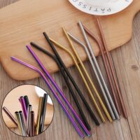 Colourful reusable stainless steel drinking straws set with straight and bent round straws and cleaning brush for adult use