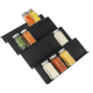 Image of adjustable stacked step storage rack 4 piece acrylic set showing individual tray dimensions in centimetres and inches.